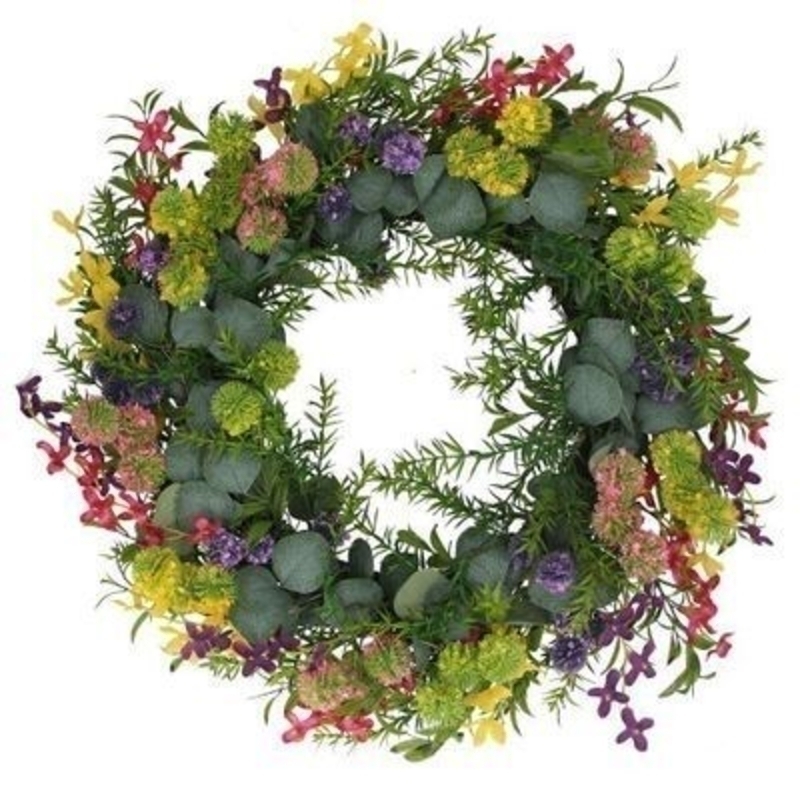 Spring wreath in green with pink yellow and purple multi floral detail. A lovely addition to your home for Spring and the perfect gift for Mothers day. By Gisela Graham.